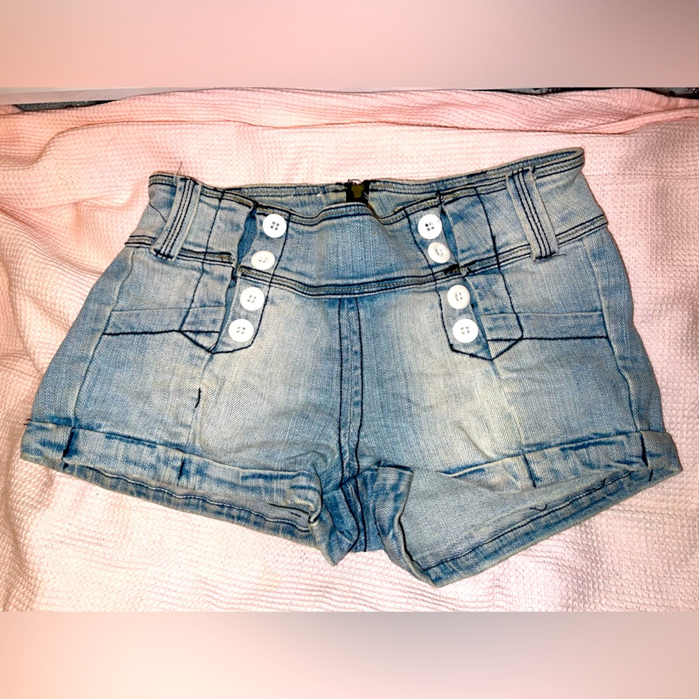 High waist distressed white button better butt lift accentuating jean shorts